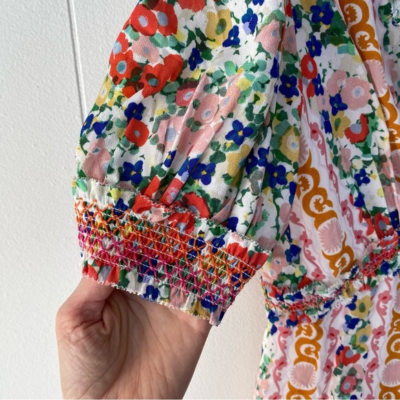 Saloni Lea Smocked Floral Print Crepe Mini Dress Sz. 2 White Orange Pink V Neck - Picture 8 of 16